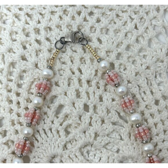 Handmade Bohemian Beaded Statement Necklace‎ With Pink & White Beads - Picture 5 of 6